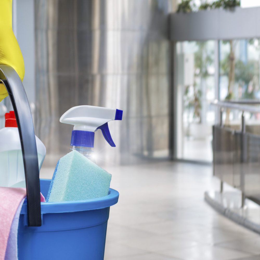 Cleaning lady with a bucket and cleaning products before washing the floor.